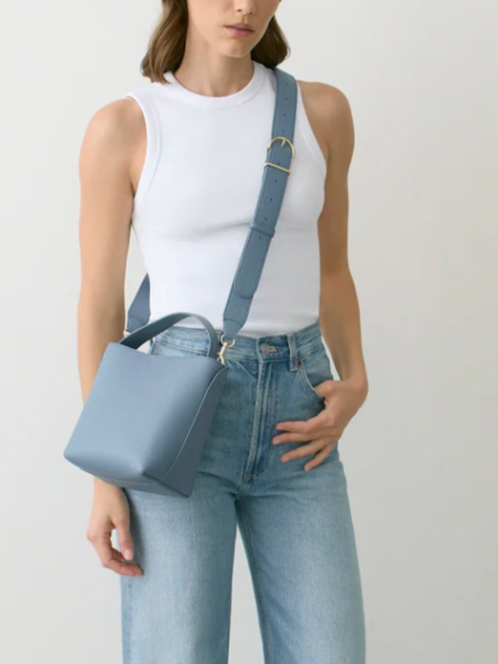 Cuyana Dusty Blue Leather Cube Crossbody Bag